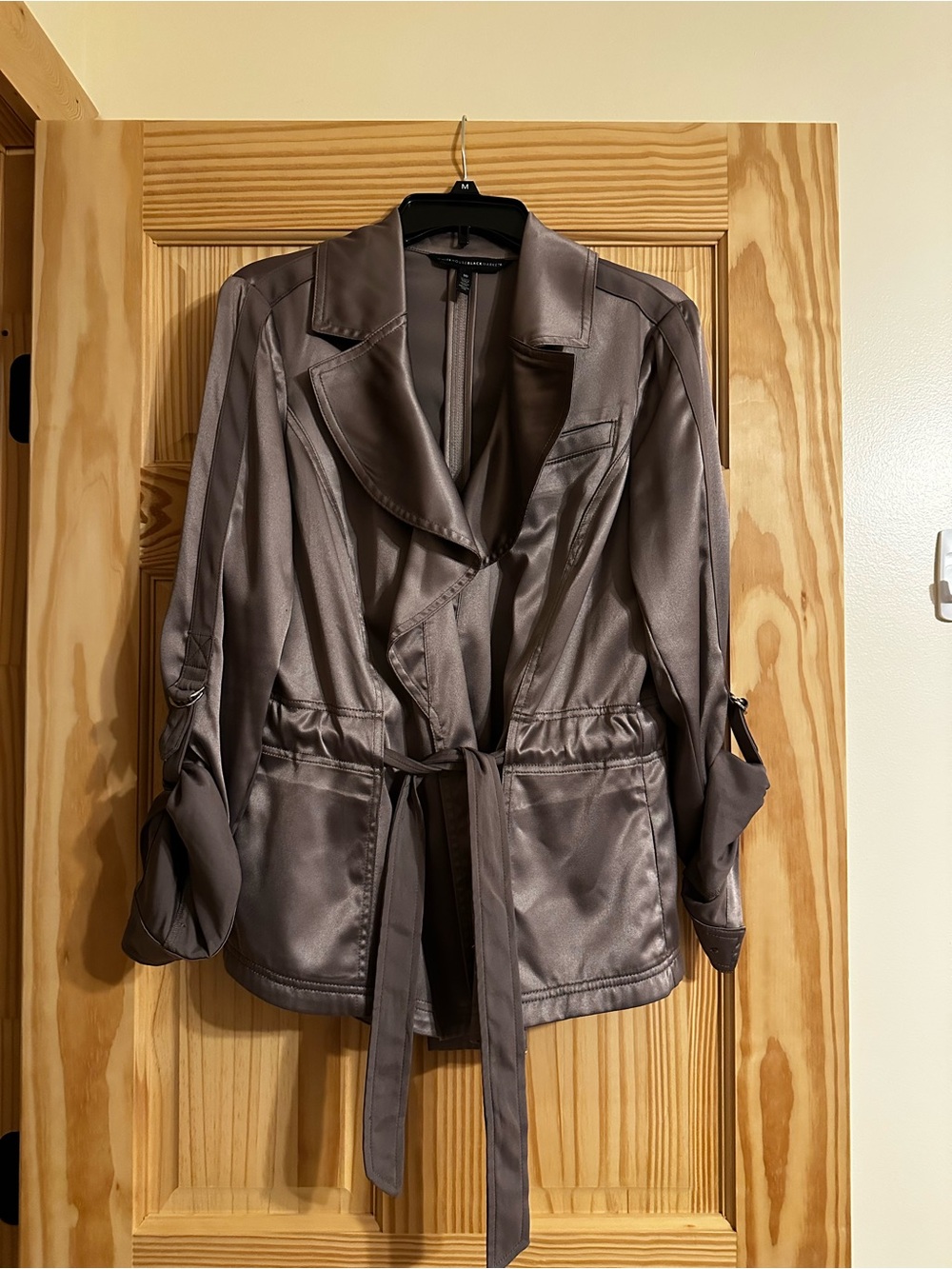 White House Black Market Taupe Satin Trench Coat with Belt